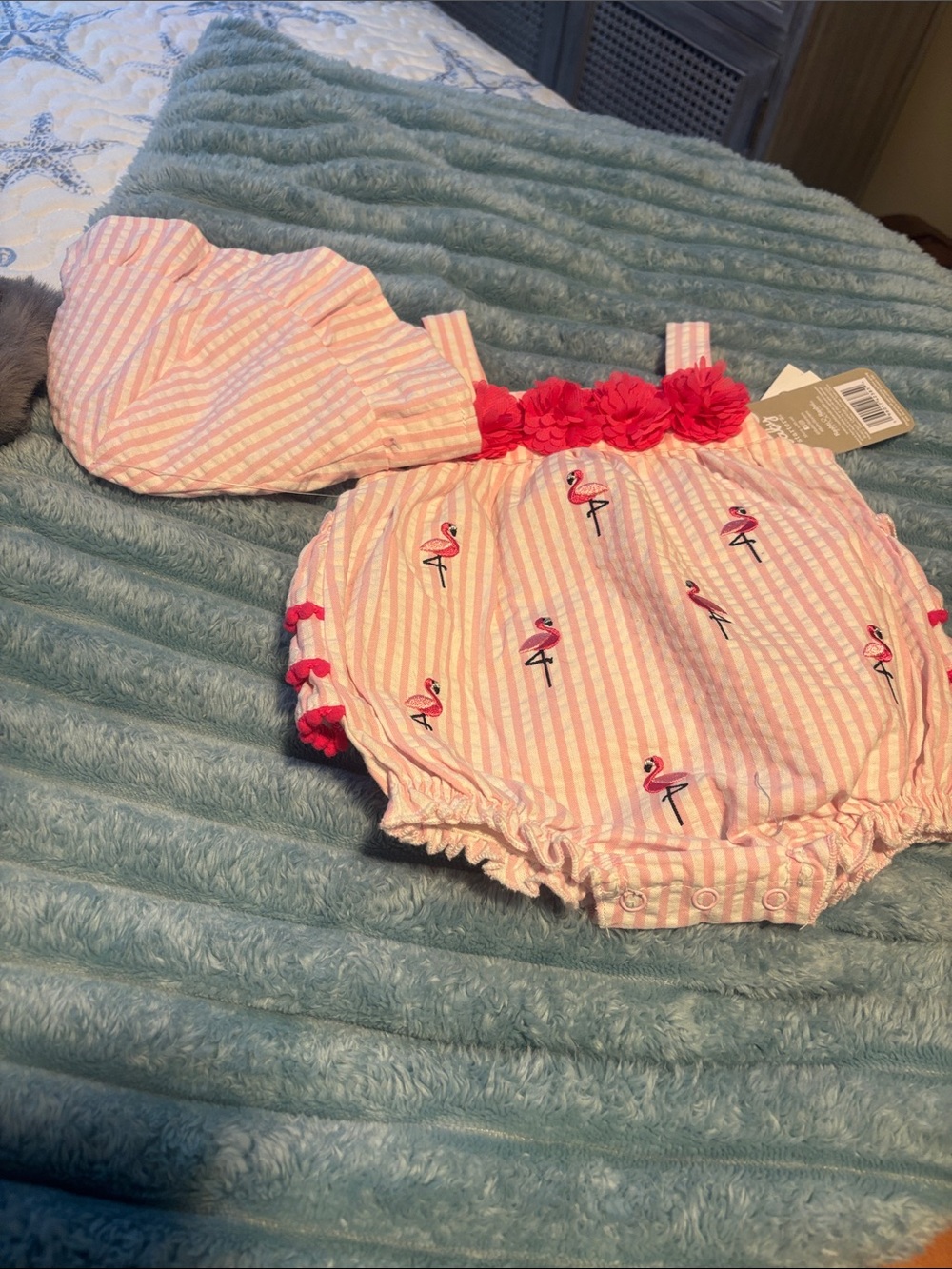 Baby Starters Pink Striped Flamingo Romper with Matching Hat